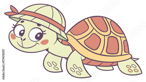 Smiling Cartoon Turtle Wearing a Safari Hat. Adorable Animal Character for Children's Books, Educational Content, Web Design, Travel, Nature, and Wildlife Themes.