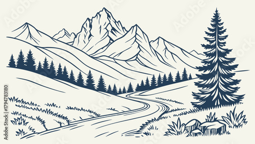Scenic Mountain Landscape Hand Drawn Vector Illustration with Winding Road and Pine Forest. Outdoor Adventure Travel and Nature Design.