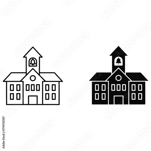 School building icon in outline and solid style