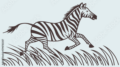 Dynamic Galloping Zebra Vector Illustration in Savanna Grass. African Wildlife Graphic for Nature, Safari, Speed, Education, and Adventure Designs.