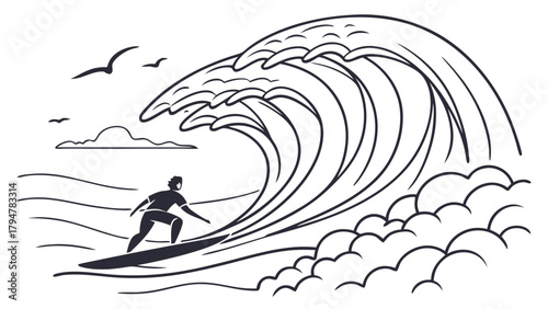 Dynamic Surfer Riding Powerful Ocean Wave Line Art Illustration for Sports, Adventure, Marketing Campaigns and Web Design