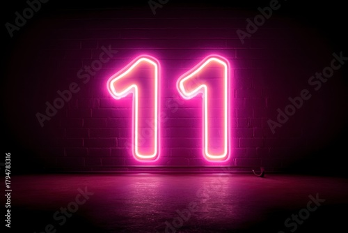 Bright Pink Neon Sign Number Eleven on Dark Background