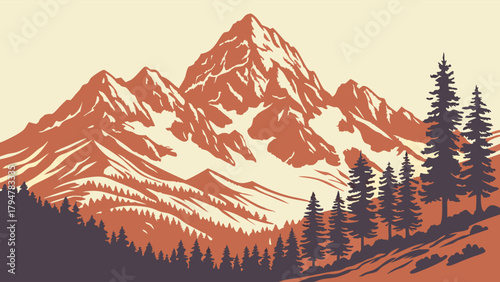 Majestic Mountain Landscape Retro Illustration with Pine Forest and Snowy Peaks. Vintage Graphic for Outdoor Adventure Travel, Nature Tourism, and Wilderness Exploration Marketing.