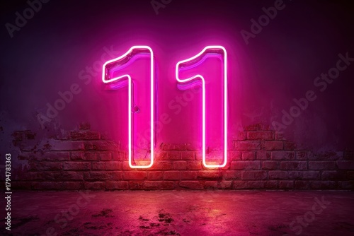 Neon Number Eleven Bright Sign Against Brick Wall Background