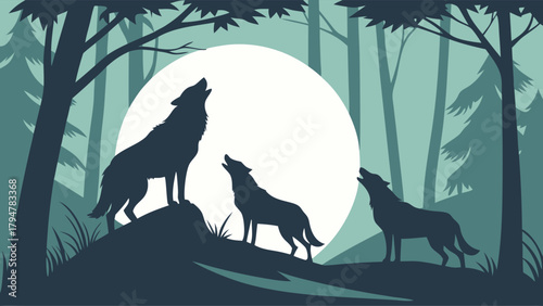 Powerful Wild Wolves Howling at Full Moon in Forest Silhouette. Nature Wildlife Vector Illustration for Outdoor Adventure, Teamwork, and Branding.