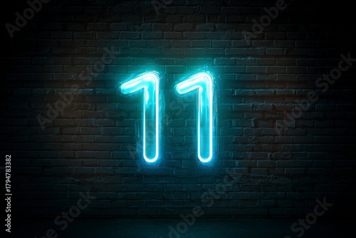 Neon Number Eleven Glow on Dark Brick Wall Background at Night
