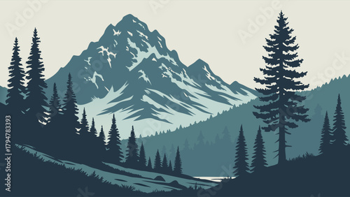Minimalist Mountain Landscape Vector Art with Pine Forest and Snowy Peaks for Outdoor Adventure Travel and Web Design Backgrounds