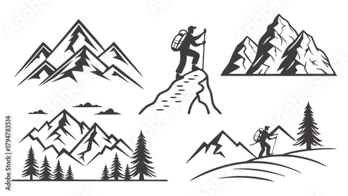 Mountain Hiker Vector Set. Outdoor Adventure, Trekking, and Climbing Graphics for Travel, Sport, and Nature Logos and Icons.