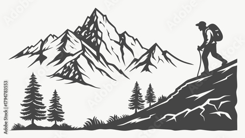 Vintage Style Hiker Ascending Mountain Trail with Poles. Outdoor Adventure Journey Exploration Vector Illustration for Success, Challenge, Growth.