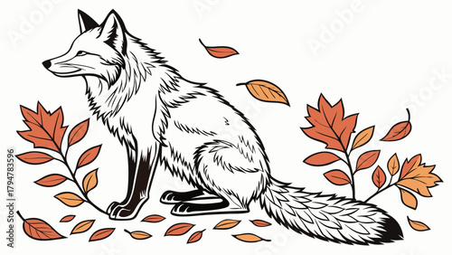 Peaceful Autumn Fox Illustration Sitting Among Falling Leaves for Seasonal Marketing, Wildlife Education, Web Design