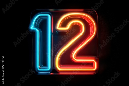Vibrant Neon Numbers Twelve in Blue and Orange Glow on Dark Background