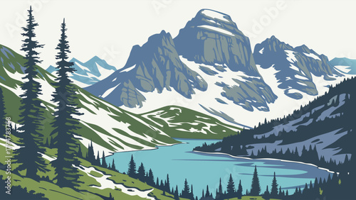 Majestic Alpine Lake Landscape Vector Illustration with Snowy Mountains for Travel and Outdoor Design