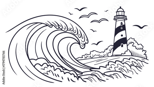 Powerful Ocean Wave Crashing Near Lighthouse Black and White Line Art. Coastal Marine Travel Adventure Safety Resilience Illustration.