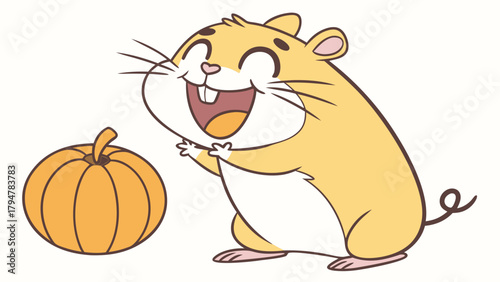 Adorable Happy Hamster Laughing with Pumpkin Illustration for Autumn Fall Harvest Seasonal Kids Pet Marketing