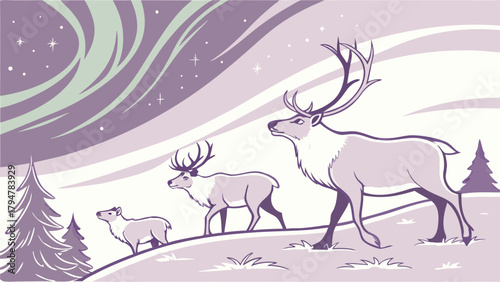 Majestic Reindeer Family Walking Under Northern Lights in Snowy Winter Landscape Holiday Illustration