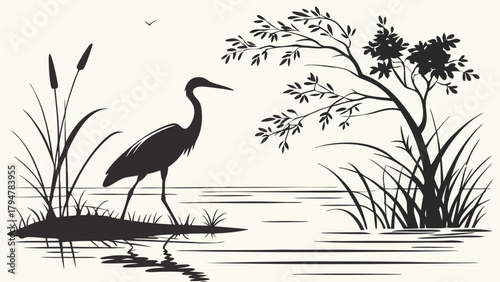 Minimalist Heron Silhouette Illustration in Peaceful Wetland with Reeds and Water for Nature Conservation and Elegant Eco Design