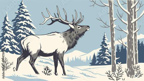 Majestic Elk in Snowy Winter Forest Illustration for Nature Wildlife Holiday Cards and Seasonal Marketing Design