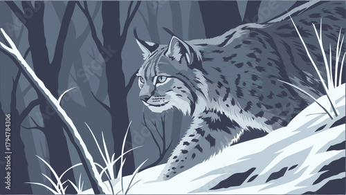 Stealthy Lynx Prowling Through Deep Snow in Dark Winter Forest Vector Illustration Wild Animal Predator Wildlife Conservation Nature Design
