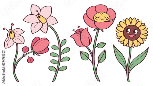 Cute Happy Cartoon Flowers Vector Set for Kids Design Spring Nature Graphics and Cheerful Garden Illustrations