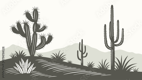 Vast Retro Desert Landscape Illustration with Saguaro and Prickly Pear Cacti. Monochromatic Southwestern Nature for Travel, Outdoor, and Web Design.