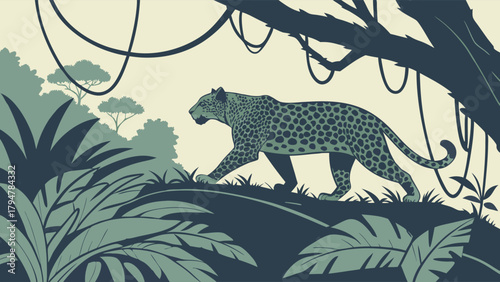 Majestic Leopard Walking Through Lush Tropical Jungle Flat Illustration for Wildlife Conservation Nature Travel and Environmental Design
