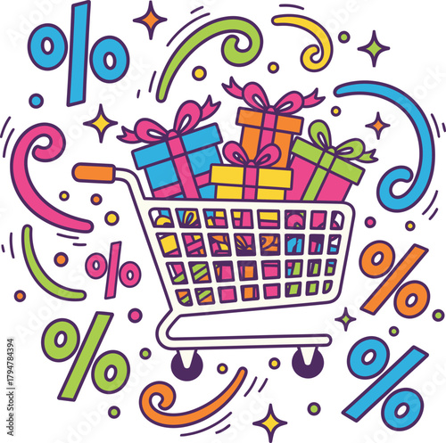 A vibrant cartoon illustration of a shopping cart brimming with gifts and percentage signs for a sale
