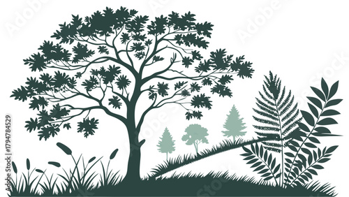 Natural Forest Landscape Silhouette with Oak Tree Ferns and Grass for Environmental Design, Eco Friendly Promotions, and Sustainable Business Projects