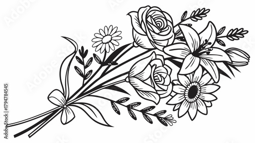 Elegant Black and White Floral Bouquet Line Art for Sympathy Bereavement Cards Wedding Invitations Memorial Programs Event Design and Florist Branding Classic Flower