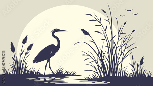 Minimalist Serene Heron Silhouette Wading in Wetland Marsh at Sunrise. Nature Conservation, Eco Tourism, Environmental Wellness, Spa.