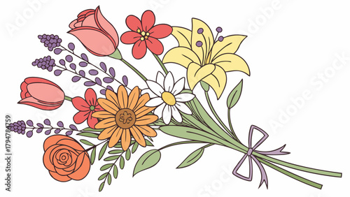 Vibrant Hand Drawn Floral Bouquet Illustration. Cheerful Spring Blooms for Greeting Cards, Wedding Invitations, Mother's Day, and Event Marketing.