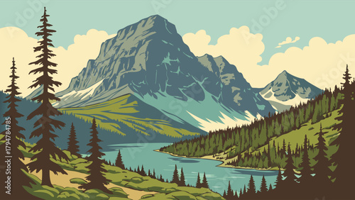 Stunning Mountain Lake Landscape Vector Illustration for Nature Travel Marketing Outdoor Recreation and Environmental Campaigns