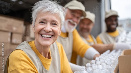 Cheerful volunteers work together to pack water bottles for those in need. They are happy and engaged, showcasing teamwork and dedication to community service on a sunny day