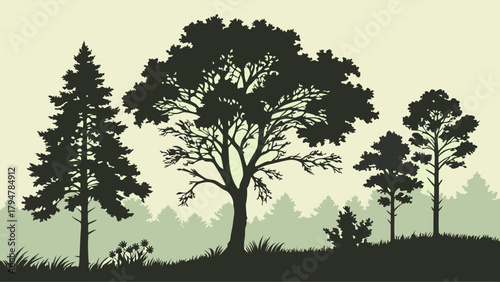 Peaceful Forest Landscape Silhouette with Pine and Deciduous Trees for Nature Background, Web Design, and Environmental Branding