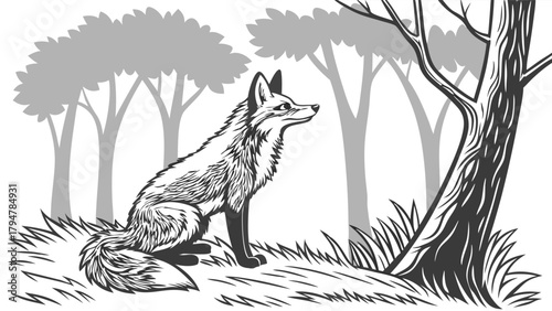 Alert Wild Fox Sitting in Forest. Detailed Black and White Nature Illustration. Wildlife Art for Environmental Education, Publishing, and Web Design