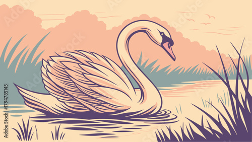 Elegant White Swan Gliding Gracefully on Calm Water. Peaceful Nature Wildlife Illustration for Serene Design, Purity Branding, and Web Editorial.