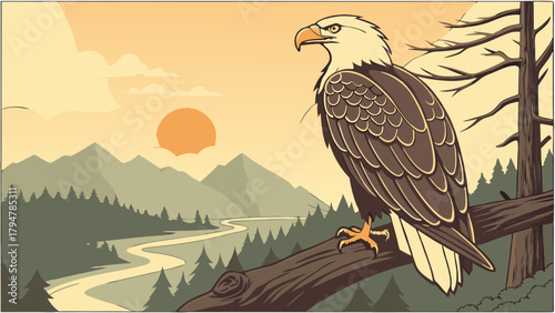 Majestic Bald Eagle Perched on Branch Overlooking Scenic Mountain River Landscape at Golden Sunset. Freedom Strength Wildlife Art.