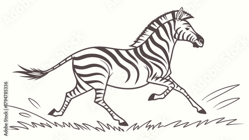 Fast Running Zebra Illustration in Wild Grass. Dynamic African Safari Animal for Kids Education, Wildlife Conservation, and Web Design.