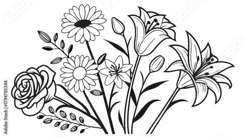 Elegant Black and White Floral Bouquet Line Art Illustration for Wedding Invitations Branding and Craft Projects