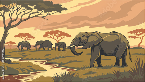 Majestic African Elephants Herd Walking Through Golden Savanna Landscape at Sunset Vector Illustration for Wildlife Travel and Conservation