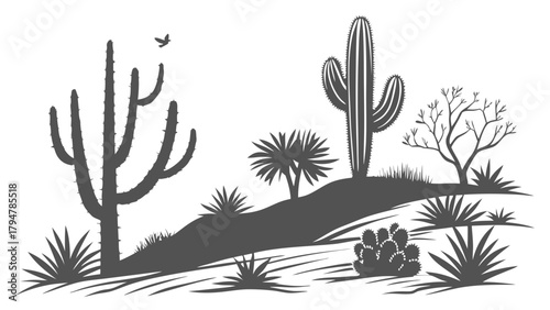 Arid Desert Landscape Silhouette with Saguaro Cactus and Wild Plants. Ideal for Nature Travel, Web Design, and Eco Branding.
