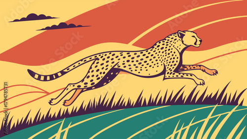 Dynamic Cheetah Running Fast in Savanna Landscape Illustration for Business Speed Agility Performance Marketing and Wildlife Education