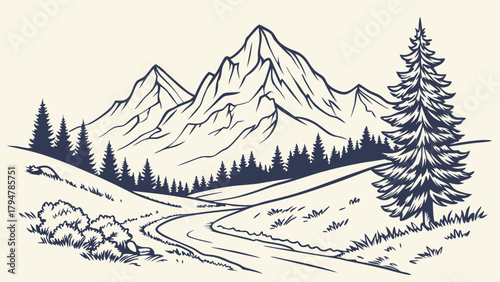 Hand Drawn Mountain Landscape with Winding Road and Pine Trees. Vintage Line Art for Outdoor Adventure, Travel, Tourism, and Nature Design.