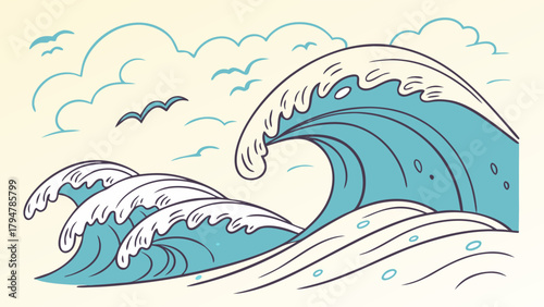 Dynamic Cartoon Ocean Waves Illustration. Powerful Blue Sea Water with White Foam for Travel, Surfing, Marine Industry, and Environmental Web Design.
