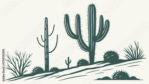 Vintage Southwest Desert Cacti Landscape Illustration Saguaro and Wild Plants for Nature Travel Web Design Branding