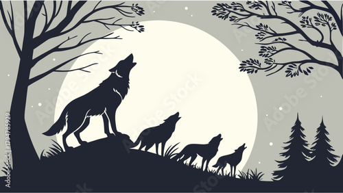 Silhouetted Wolves Howling at Full Moon in Dark Forest Night. Wild Nature Pack Unity and Mystery for Wildlife, Adventure, and Team Themes.