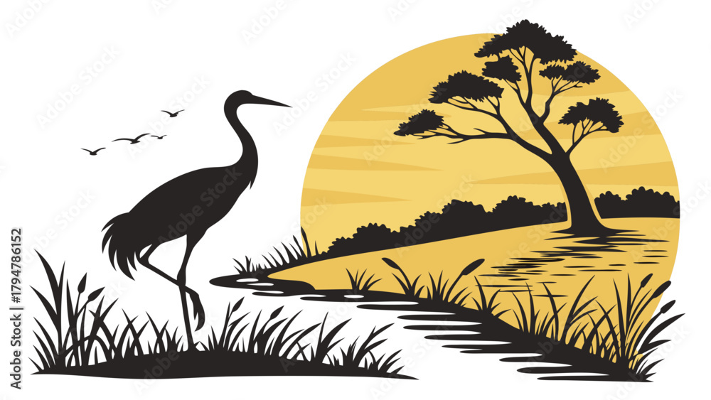 Obraz premium Vector Silhouette of Crane Standing by Lake at Sunset. Peaceful Nature Landscape with Reeds and Tree for Web Design, Travel, Wellness