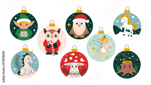 Festive Decorations: A charming array of Christmas ornaments, each featuring a unique whimsical design, perfect for adding a touch of enchantment and joy to the holiday season.