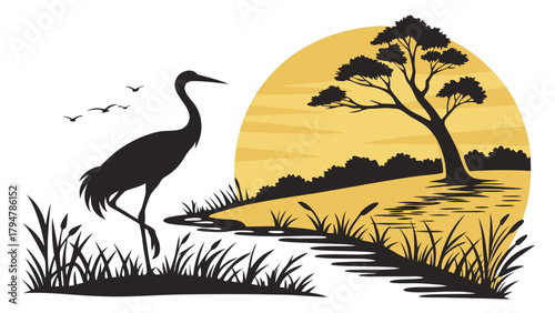 Vector Silhouette of Crane Standing by Lake at Sunset. Peaceful Nature Landscape with Reeds and Tree for Web Design, Travel, Wellness