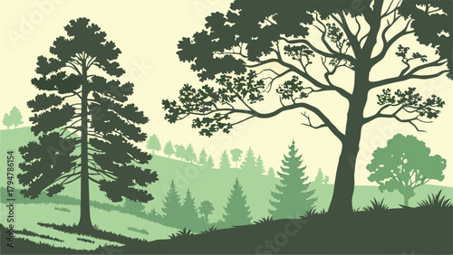 Peaceful Layered Forest Landscape Vector, Green Hills and Trees Silhouette, Nature Background for Environmental Design, Web Banners, Outdoor Themes