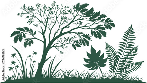 Lush Green Nature Silhouette with Tree, Ferns, and Grass for Eco-Friendly Branding, Environmental Design, and Organic Product Packaging.